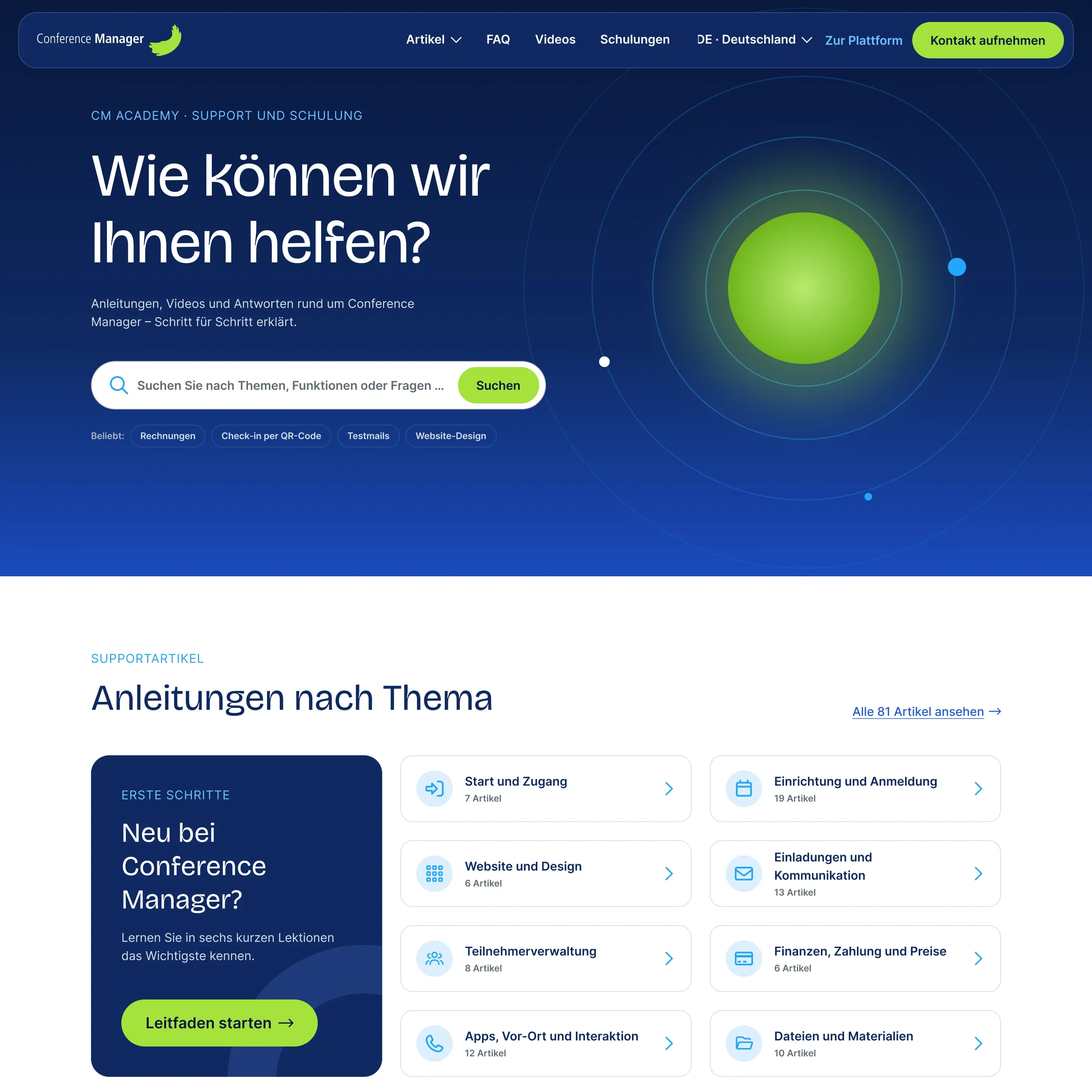 The new CM Academy start page: „Wie können wir Ihnen helfen?“ with a search field and guides by topic