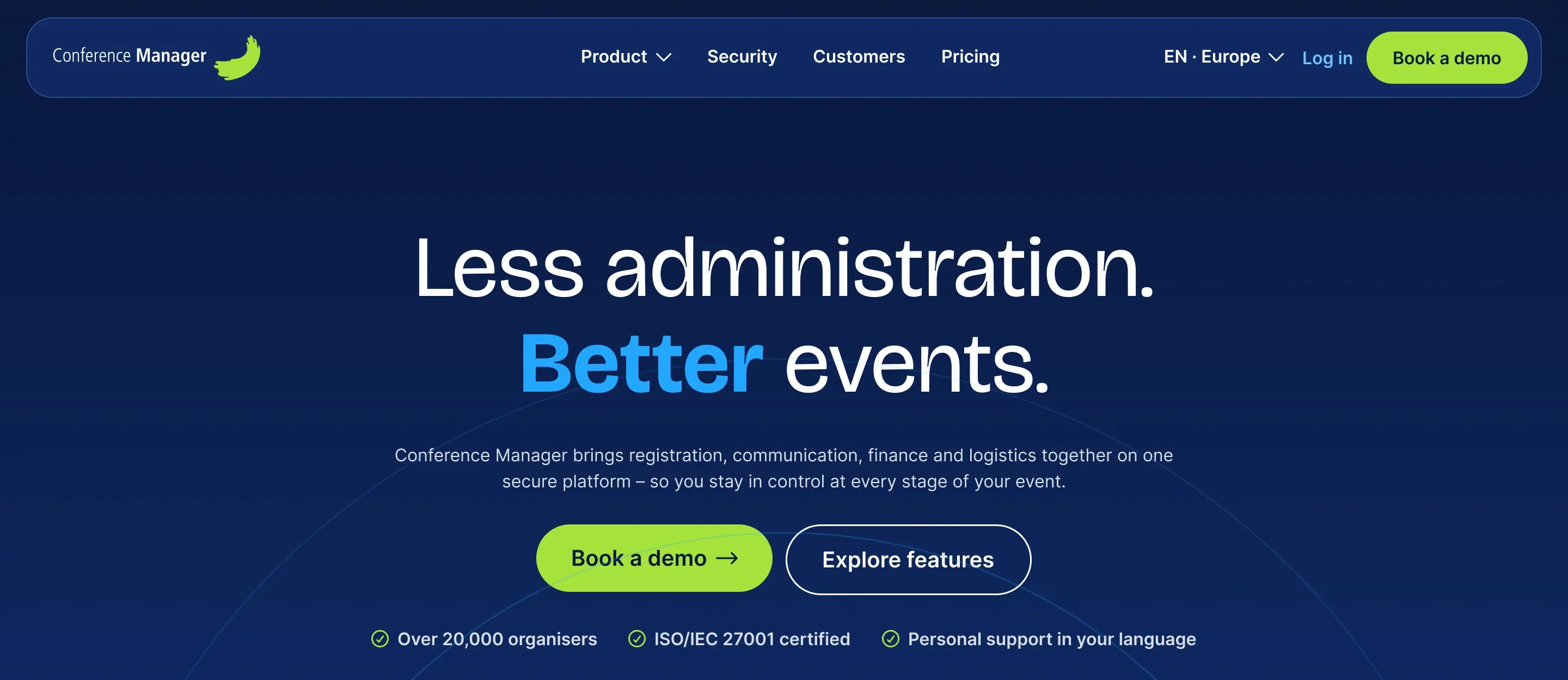 New English start page: „Less administration. Better events.“