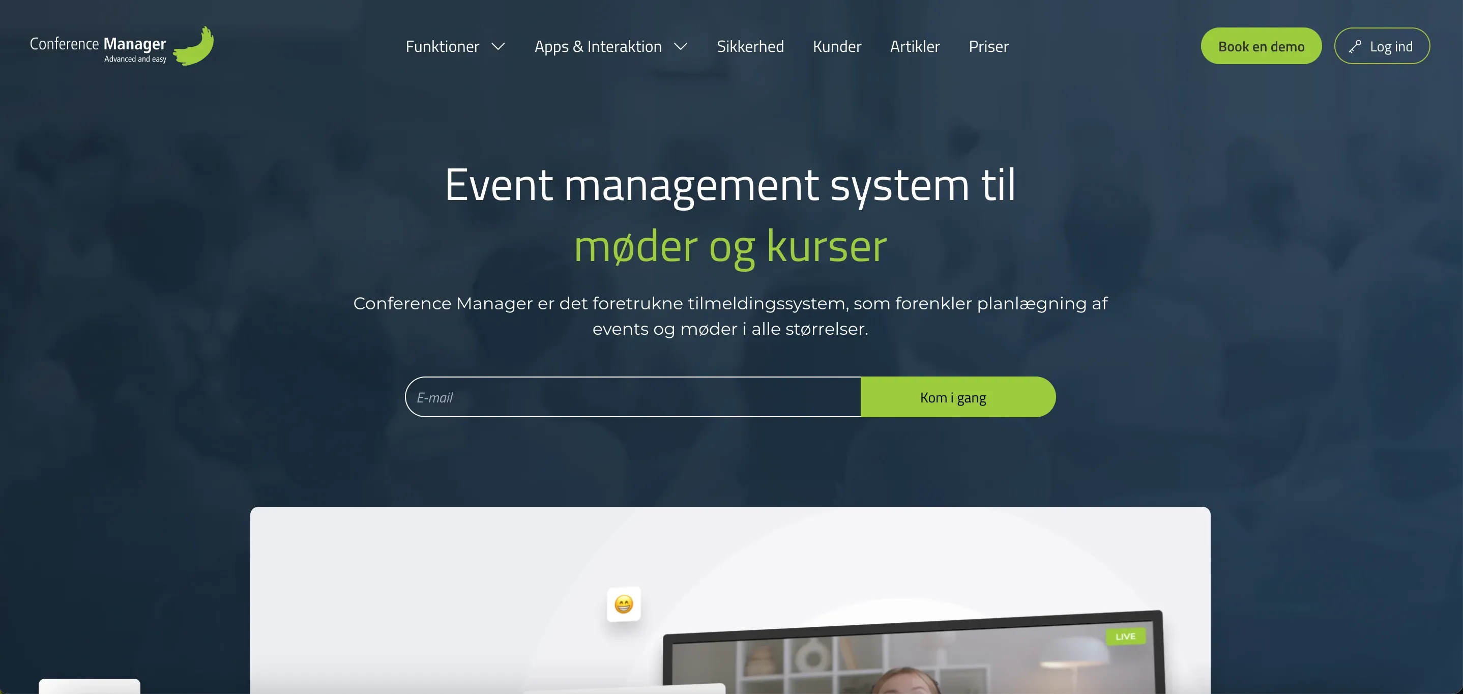 Old conferencemanager.dk hero: „Event management system til møder og kurser“