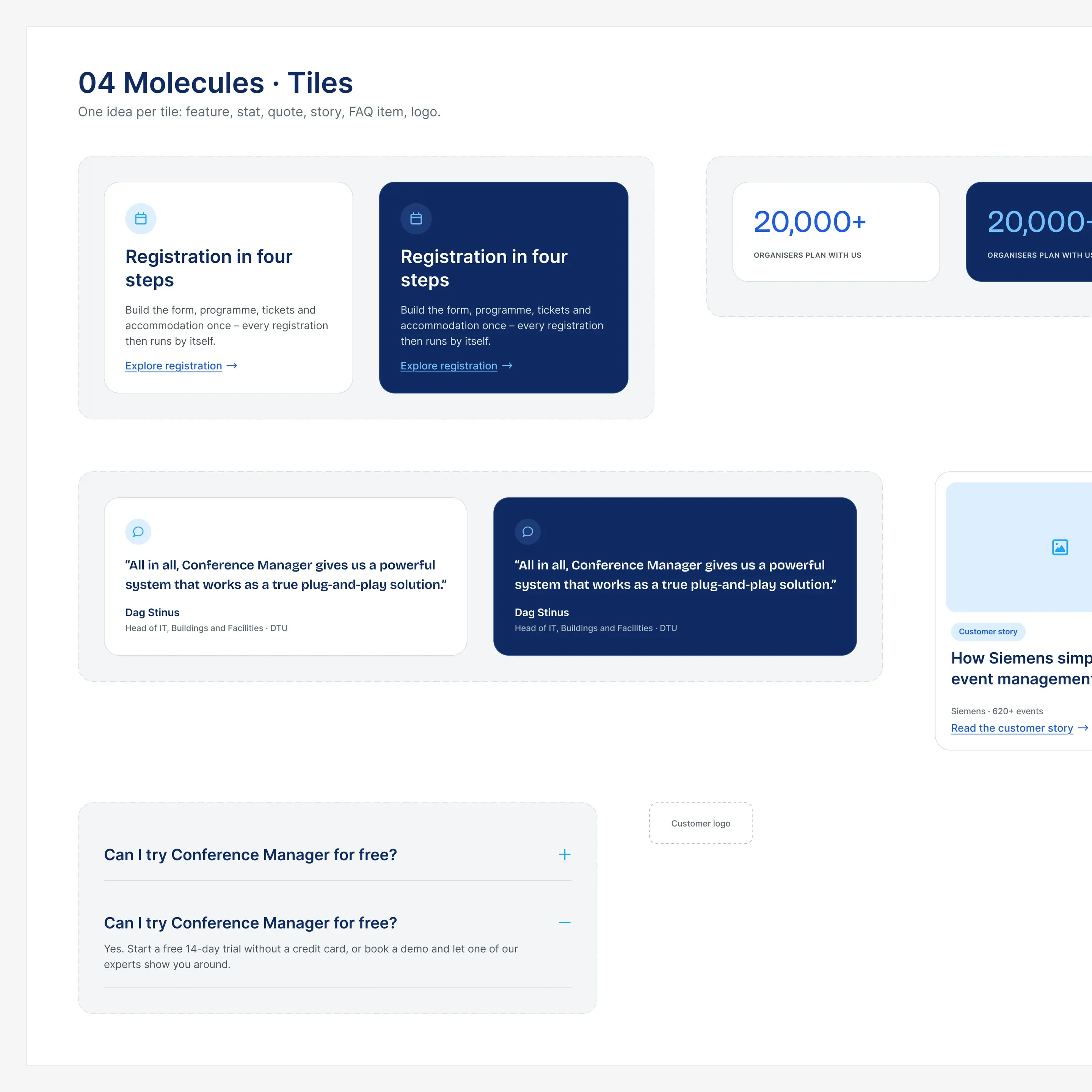 Marketing components: feature cards, stat tiles, testimonials and FAQ items