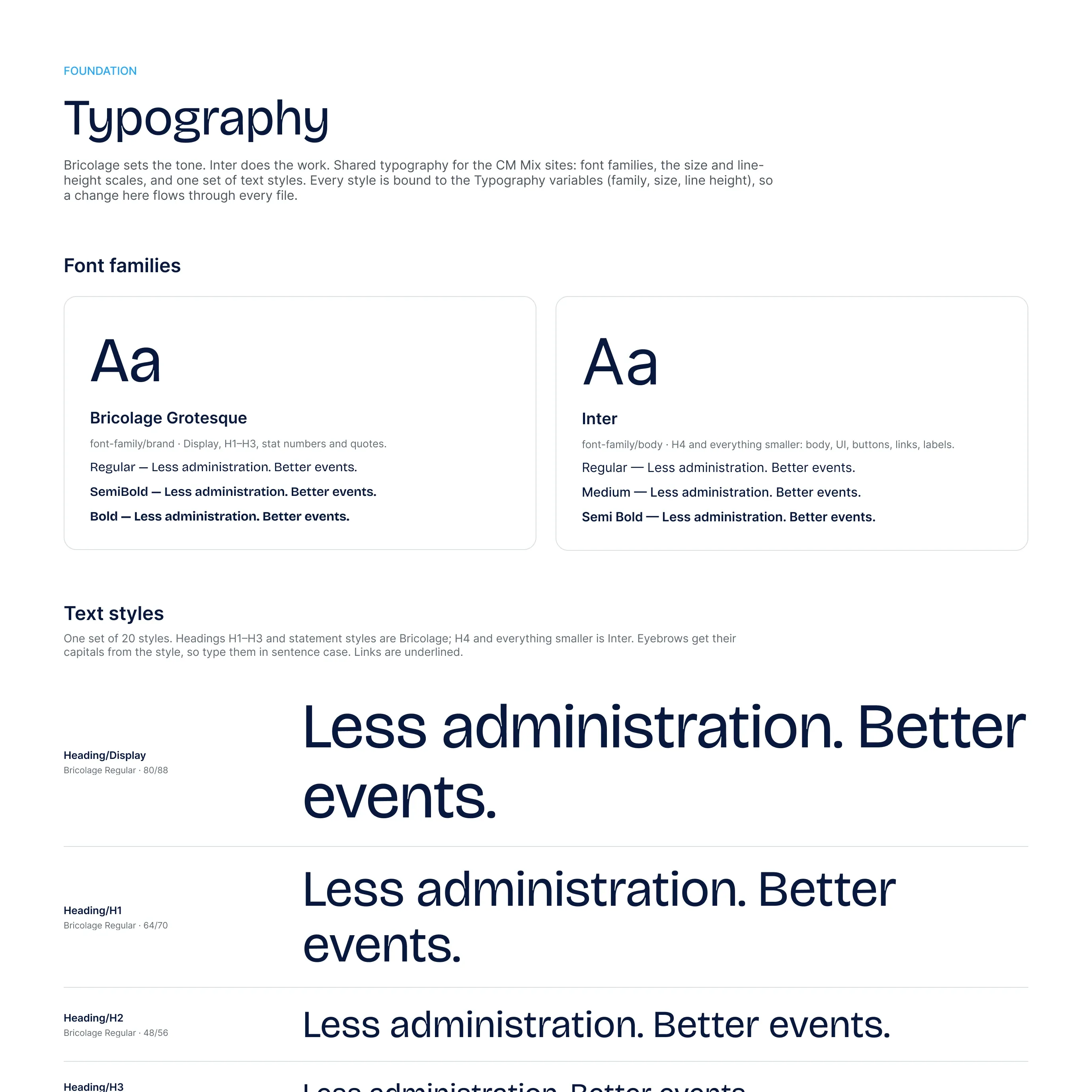 Typography specimen: Bricolage Grotesque headings and Inter body text