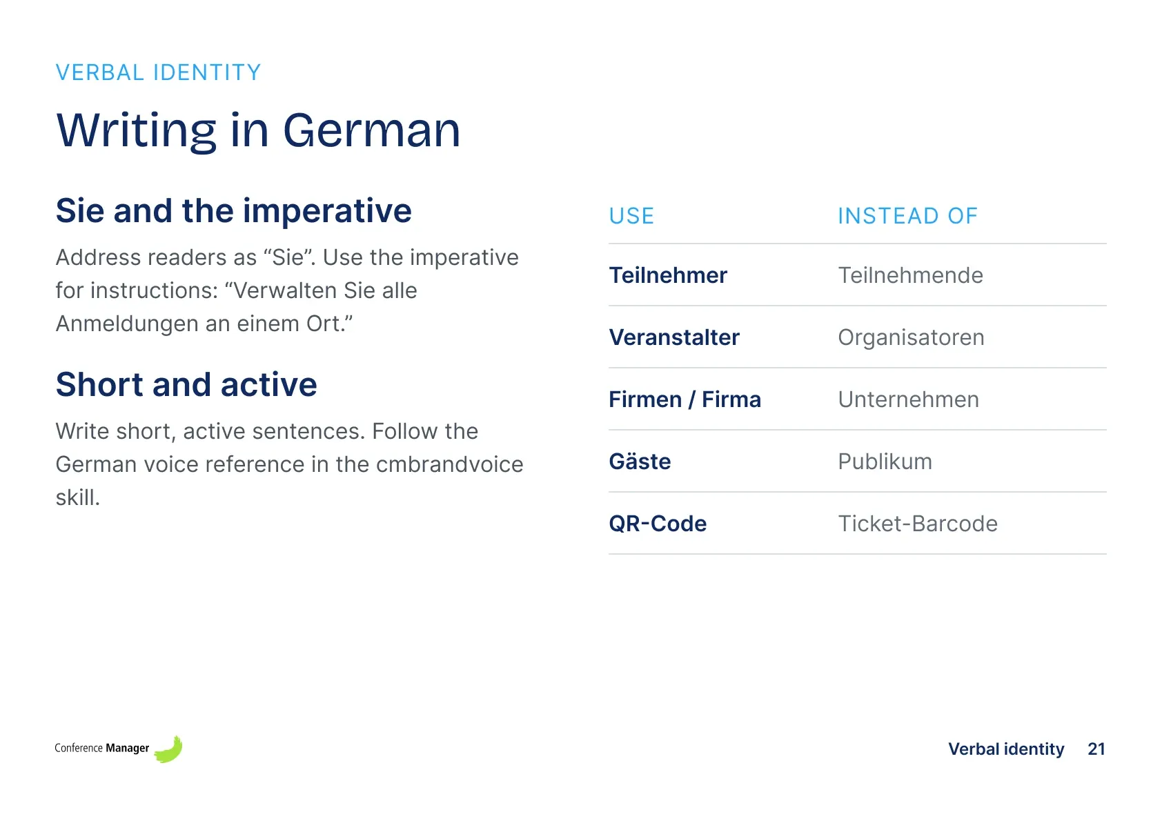 Brand guide page: Writing in German. Sie and the imperative, and a fixed word list