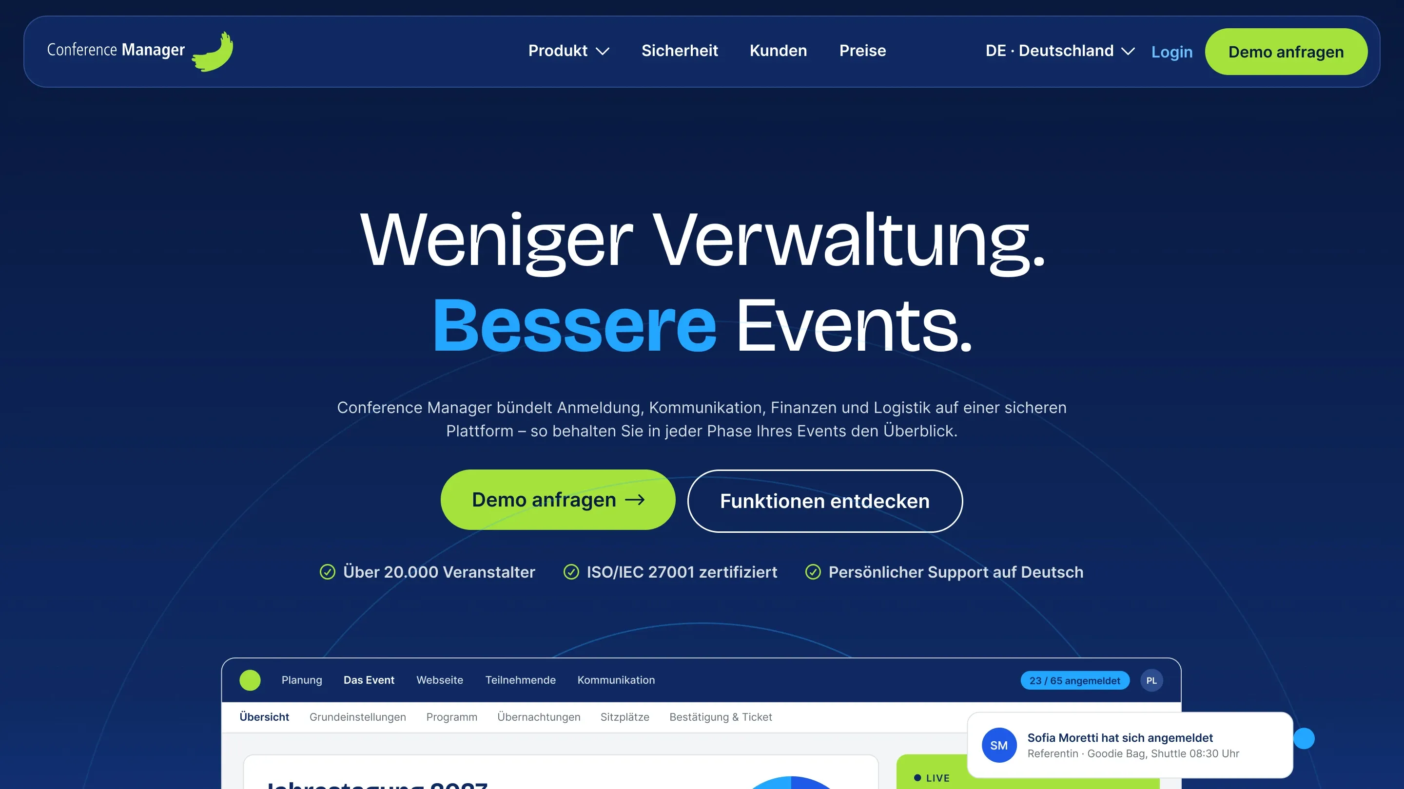 The new German start page: „Weniger Verwaltung. Bessere Events.“ above the Conference Manager platform