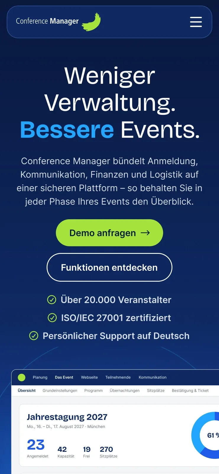 German start page on mobile: hero