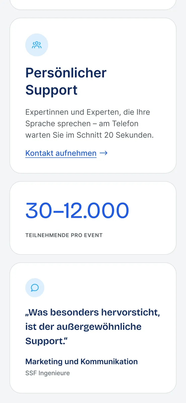 German start page on mobile: personal support and stats