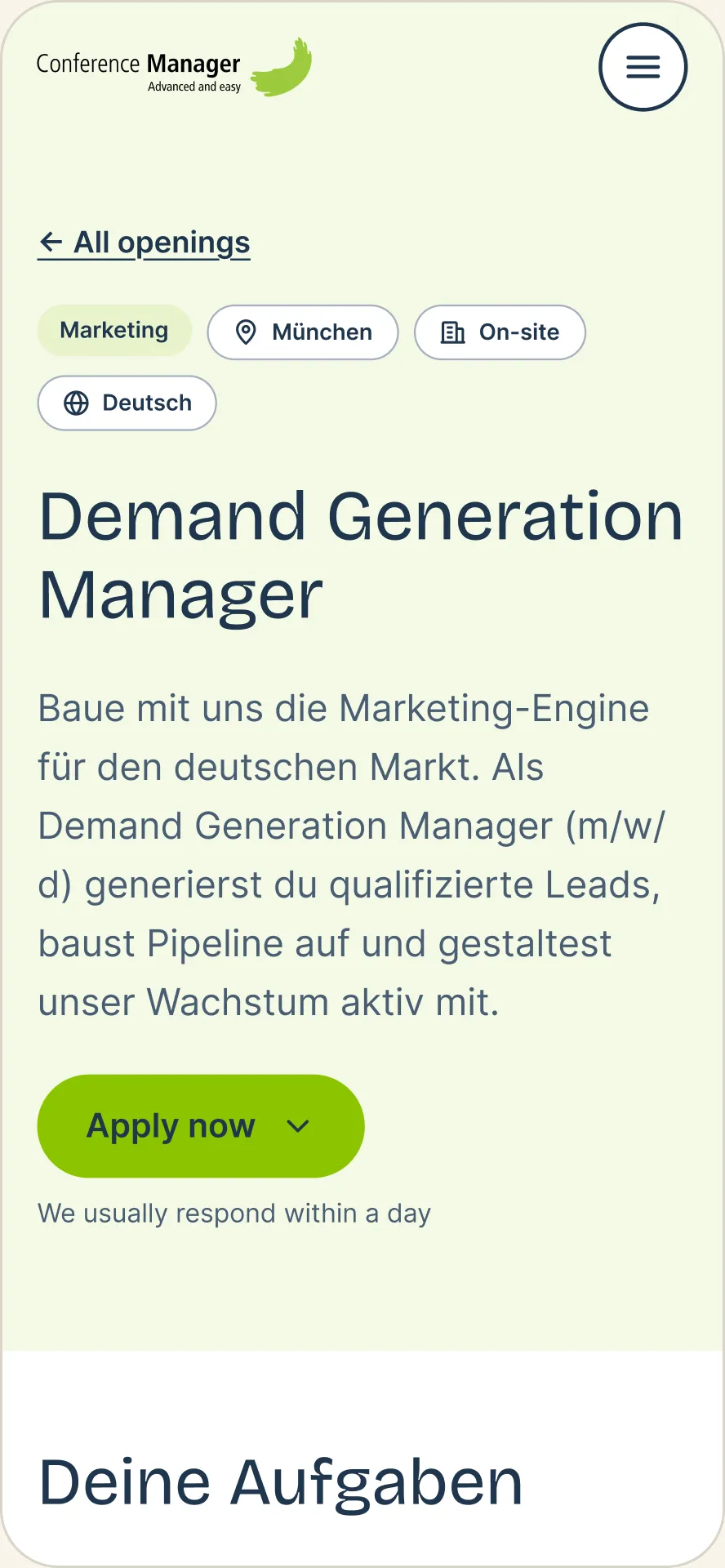 Career site: Job detail on a phone, in German