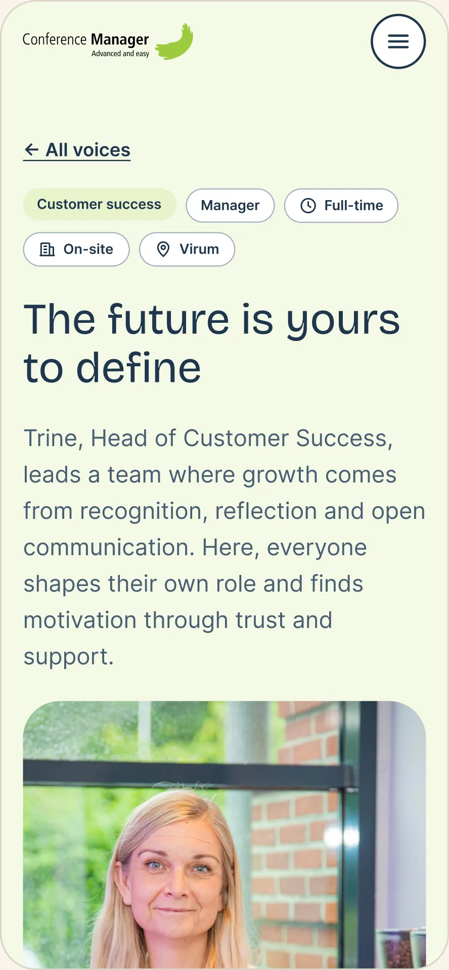 Career site: Trine’s story on a phone