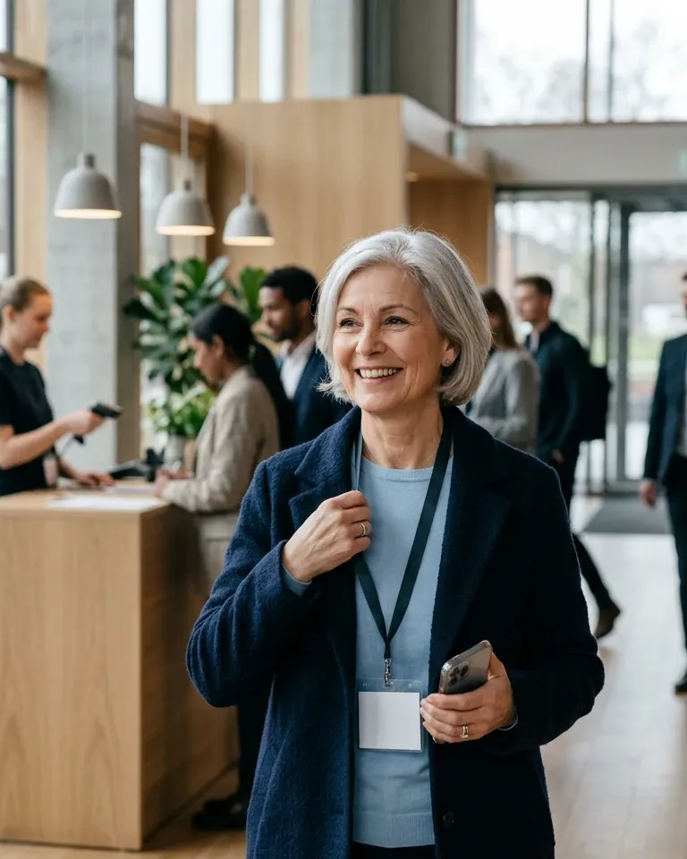 AI-generated moodboard image: a guest with a lanyard walking into a bright Nordic venue