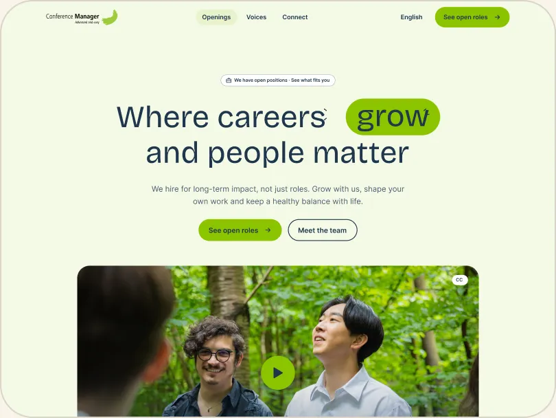 Designed home page: “Where careers grow and people matter” with a film still of Daniel and Jimmy in the forest