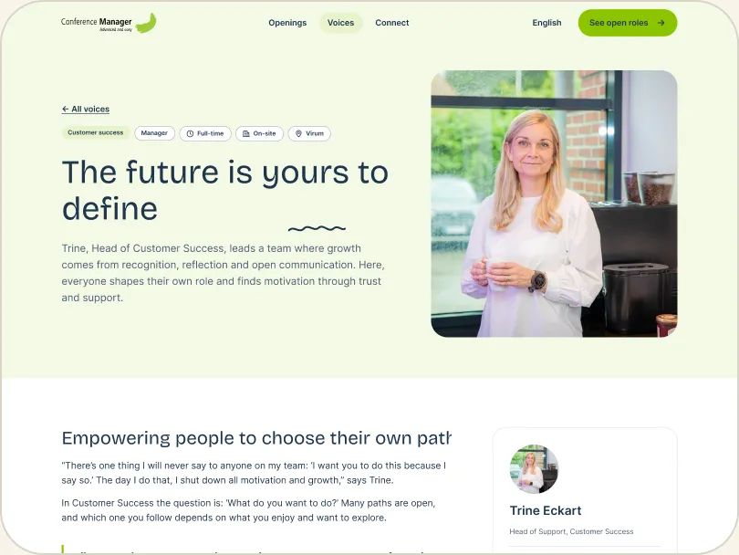 Colleague story template with Trine’s portrait and article
