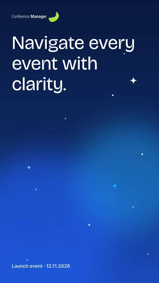 Story artboard in the Cosmic depth style: „Navigate every event with clarity.“ on a deep blue gradient