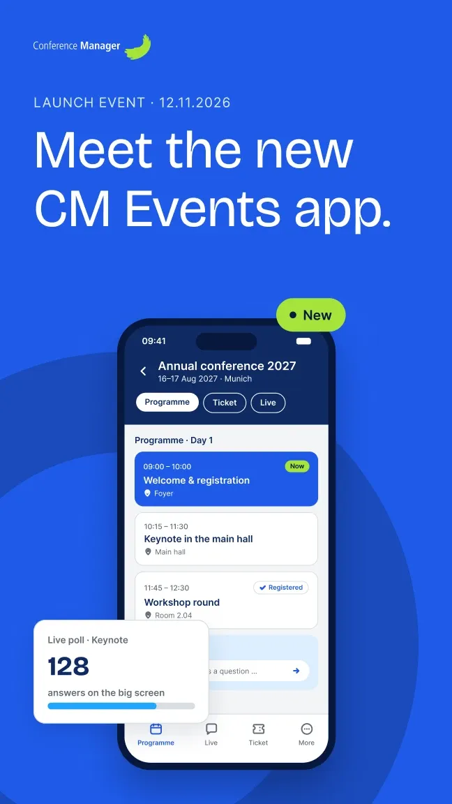 Story artboard in the Stage style: „Meet the new CM Events app.“ with the app in front of a large ring