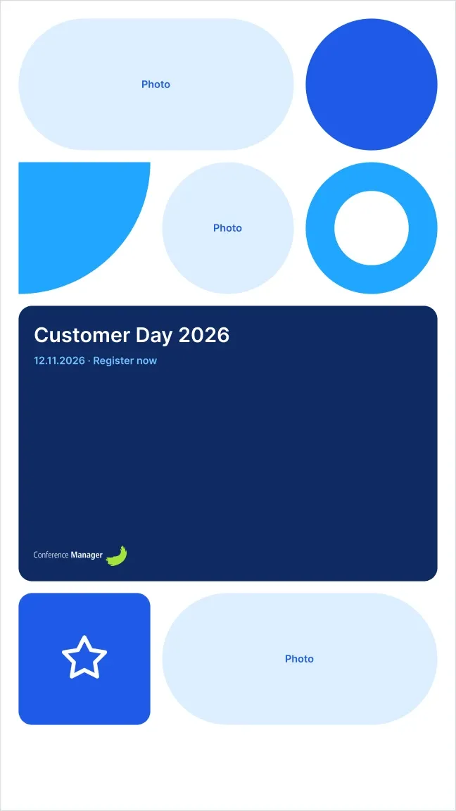 Story artboard in the Tile grid style: photo slots and colour tiles around a Customer Day 2026 card