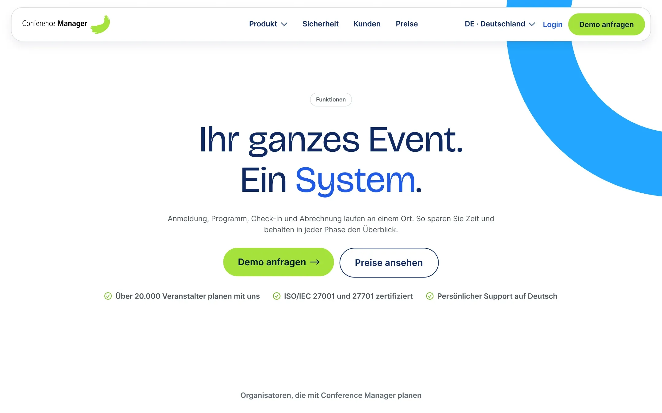 The new German Funktionen page: „Ihr ganzes Event. Ein System.“