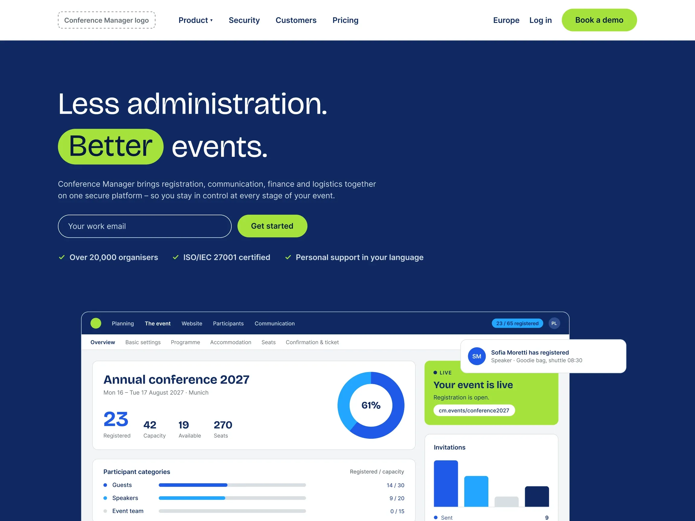 Landing page v2 with the DACH tiles and content: „Less administration. Better events.“